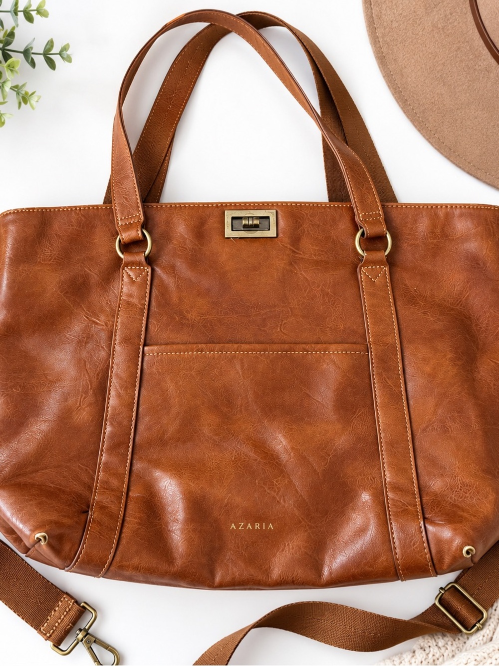AZARIA Cognac Brown Convertible Tote Shoulder Crossbody Bag
